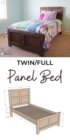 the twin bed frame is made from wood and has two drawers on each side, one with