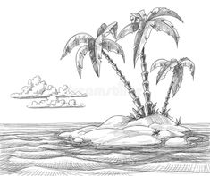 a pencil drawing of two palm trees on an island in the middle of the ocean