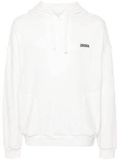 white cotton blend jersey texture drawstring hood embroidered logo at the chest two side inset pockets drop shoulder long sleeves ribbed cuffs and hem City Shorts, Hoodie White, Balenciaga Triple S, Embroidered Hoodie, Custom Watch, Dress Watch, Short Suit, Summer Beach Wear, Espadrille Shoes