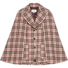 Pink/Multicolour Wool-Mohair Blend Convertible Houndstooth Cape From Gucci Featuring Houndstooth Pattern, Front Button Fastening, Peak Lapels And Multiple Patch Pockets. Luxury Pink Single Breasted Outerwear, Luxury Pink Single-breasted Outerwear, Chic Gucci Wool Outerwear, Chic Gucci Single-breasted Outerwear, Gucci Wool Single-breasted Outerwear, Gucci Single Breasted Wool Outerwear, Gucci Single-breasted Wool Outerwear, Gucci Tailored Wool Outerwear, Tailored Gucci Outerwear For Spring