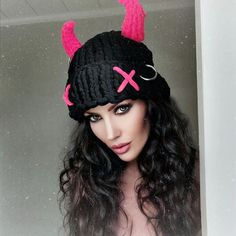 Look devilishly dapper in this Pink Horn Demon Knitted Beanie Hat! The perfect winter accessory,... Black Hats For Winter Alternative Fashion, Black Winter Hats For Alternative Fashion, Black Novelty Beanie For Winter, Adjustable Punk Hat For Winter, Adjustable Punk Winter Hat, Gothic Winter Costume Hats And Headpieces, Adjustable Punk Style Winter Hat, Black Beanie Costume Hat For Winter, Black Beanie For Winter - Costume Hat