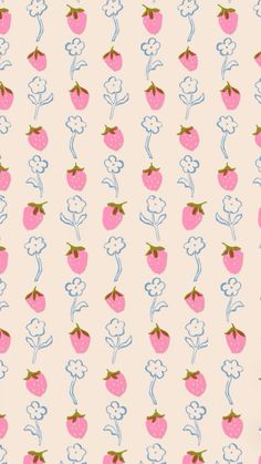 Hand drawn flowers and strawberries Wildflower Cases Wallpaper Pattern, Illustrator Pattern Design, Strawberry Graphic Design, Gingham Pattern Background, Strawberry Journal, Raspberry Wallpaper, Strawberries And Flowers, Strawberry Wallpaper, Flower Jacket