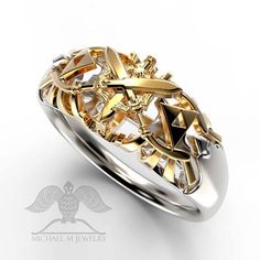 MADE TO ORDER  SWORD ring in .925 Sterling Silver and 14k yellow gold. All our jewelry are hallmarked with our logo and the metal purity. We do NOT use any kind of plating on our finished jewelry. Need different ring size or different stone color or different metal, please send a message before purchasing. Gift box included. To make this ring need about 2-3 weeks. * * * Please contact us BEFORE purchasing, if you need different ring size or different color stone or different metal and or a special custom order.  Free Shipping only to U.S. continental customers  Made in U.S.A If you have any specific ideas you want us to create/make, all we need is a photo or drawing or rough sketch. Timing and price depends on the difficulty of the design. Swords Wedding, Zelda Jewelry, Gaming Couple, Zelda Wedding, Zelda Ring, Zelda Triforce, Men's Wedding Rings, M Jewelry, High Quality Jewelry