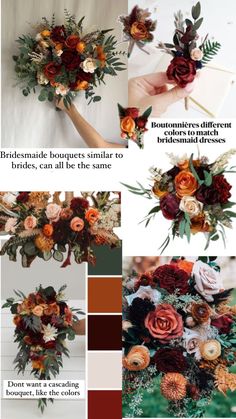 the wedding bouquet is made up of flowers, foliage and pineconi leaves for an autumn - themed color scheme