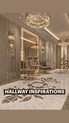 an elegant lobby with chandeliers and marble floors