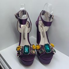 Sophia Webster Cloth Sandal With Rhinestones In Purple Heel Height: 5 Inches Brand New. From A Smoke Free Home Purple Rhinestone Heels, Sophia Webster Shoes, Purple Heels, Sandals Outfit, Rhinestone Heels, Purple Rhinestone, Sophia Webster, Purple Color, Color Purple