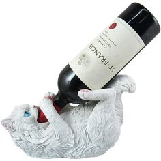 a wine bottle holder shaped like a cat holding a wine bottle in it's mouth