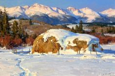 a painting of snow covered trees and mountains