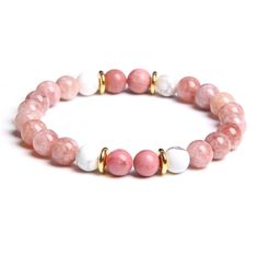 This bracelet gives you the benefits of three precious stones with a special meaning around love and joy: Strawberry Quart, Rhodochrosite and Howlite. Strawberry Quartz is a beautiful mineral that opens the Heart Chakra and energy for luck and unconditional love. Strawberry Quartz embodies a powerful love vibration and it does much more to benefit your life. It has a strong energy to stimulate a flow of happiness and joy. It is supportive during life changes, and may also aid you if you are expe Healing Rose Quartz Bracelets With Natural Stones, Healing Rose Quartz Natural Stones Bracelet, Spiritual Pink Bracelets For Everyday, Pink Natural Stones Bracelet For Everyday, Everyday Pink Bracelets With Natural Stones, Everyday Pink Natural Stone Bracelets, Healing Rose Quartz Gemstone Bracelets, Pink Natural Stones Jewelry For Friendship, Spiritual Rose Quartz Jewelry For Friendship