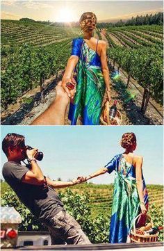 two pictures of people holding hands in front of vineyards