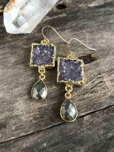 Amethyst Druzy Earrings Pyrite Earrings Druzy Quartz | Etsy Gold Dangle Crystal Earrings With Gemstone Accents, Gold Teardrop Earrings With Gemstone Accents, Gold Gemstone Drop Crystal Earrings, Gold Faceted Dangle Crystal Earrings, Gold Crystal Earrings With Gemstone Accents As Gift, Gold Dangle Earrings With Natural Stones, Pyrite Earrings, Gemstone Earrings Gold, Gold Dangle Earrings