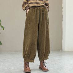 Details: Gender: Women Item Type: Pants Material: Corduroy Season: Spring, Autumn Pattern: Solid Style: Casual, Loose, Retro Waist Type: Elastic Waist Size: One Size Waist: 66.00 - 114.00 cm/ 25.98 - 44.88 " Length: 91.00 cm/ 35.83 " Hip: 128.00 cm/ 50.39 " Thigh: 78.00 cm/ 30.71 " Bottom 46.00 cm/ 18.11 " Corduroy Balloon Pants, Vintage High Waist Corduroy Bottoms, Retro High-waist Corduroy Bottoms, Vintage Corduroy Pants With Pockets, Cottagecore Pants, Retro Full-length Corduroy Pants, Corduroy Full-length Bottoms With Pockets, Balloon Pants, Mode Inspo