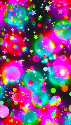 an abstract background with stars and bubbles in pink, green, blue, red, yellow, orange