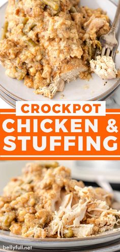 crockpot chicken and stuffing on a white plate with an orange border overlay