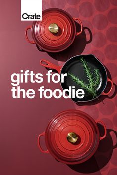 two red pots and pans with the words gifts for the foodie on them