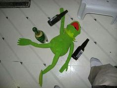 a green frog laying on the floor next to bottles