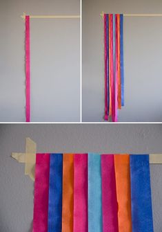 three pictures of different colored ribbons hanging from clothes pins