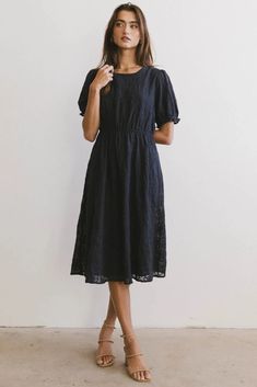 Woven dress in navy Embroidered Shell, Maxi Outfits, Layered Sweater, Short Puff Sleeve, Embroidered Midi Dress, Denim Accessories, Dresses By Length, Elastic Waist Shorts, Loungewear Sets