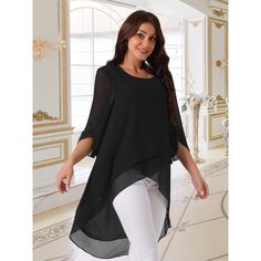 This blouse is perfect for both day and evening occasions, adding a touch of elegance and style to any wardrobe. The 3/4 sleeve and asymmetrical hem details add a bit of charm. Made of 100% Polyester, it features a soft, lightweight, and breathable chiffon fabric. The high-low hem design shapes your figure perfectly, and the bell sleeve adds a touch of feminine style. Suitable for casual, work, vacation, parties, clubs, office, daily wear, and other occasions. Matches well with skinny jeans, shorts, leggings, pants, skirts, boots, heels, and more. Elegant Spring Blouse With Overlay, Elegant Spring Blouse With Asymmetrical Hem, Spring Evening Blouse With 3/4 Sleeves, Spring Party Blouse With Half Sleeves, Elegant Asymmetrical Solid Blouse, Elegant Summer Blouse With Asymmetrical Hem, Chic High-low Hem Top For Party, Elegant Long Sleeve Tops With Overlay, Half Sleeve Blouse For Layering