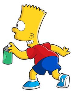 the simpsons character is running with a can in his hand and wearing blue shorts, red shirt