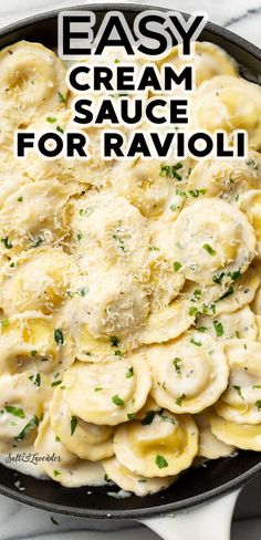 easy cream sauce for ravioli in a cast iron skillet with text overlay