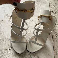 Brand New 36.5 100% Authentic Gucci High Heel Sandals With Horsebit Detail, Luxury High Heel With Horsebit Detail, Gucci Block Heels For Office, Chic Block Heels With Horsebit Detail, High Heels With Horsebit Detail, High Heel With Horsebit Detail, Gucci Horsebit Heels For Office, Gucci White Ankle Strap Heels, Gucci White Formal Sandals