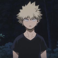 an anime character with blonde hair standing in front of some trees and looking at the camera