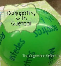 a green balloon with writing on it and the words conjugating with queetibal