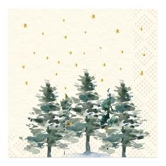 a watercolor painting of trees with stars in the sky