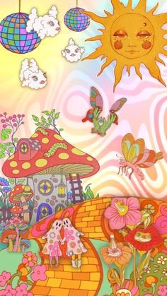 an image of a cartoon scene with sun and flowers