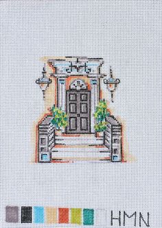 a cross stitch pattern with the words hynn on it and an image of a door