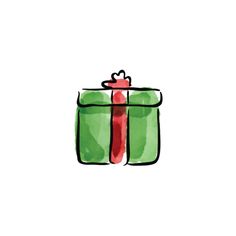 a green gift box with a red bow on it's side, drawn in watercolor