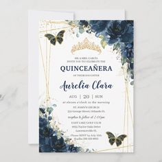 QuinceaÃ±era Navy Blue Floral Butterflies Crown  Invitation  Zazzle Quinceañera Royal Blue, Royal Blue Quince, Royal Blue Flowers, Quince Invitations, Butterfly Crown, Butterfly Invitations, Blue Quince, Silver Invitation