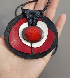 Black Red Big Pendant Necklace, Leather Red Necklace, Statement Artisan Pendant, Big Flower Necklace - Etsy Handmade Black Leather Necklace, Modern Red Necklace For Gift, Modern Red Necklace Perfect As A Gift, Artisan Red Necklace With Round Pendant, Unique Red Necklace With Large Pendant, Bold Black Jewelry Gift, Bold Black Jewelry For Gifts, Bold Black Jewelry For Gift, Red Necklace With Large Round Pendant