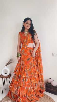 Ruffle Lehanga For Women, Fancy Lehanga Design, Indowestern Dresses For Women, Ruffle Half Saree, Plain Half Saree Designs, Festive Ruffled Lehenga For Diwali, Ruffle Saree For Haldi, Traditional Ruffled Lehenga For Party, Orange Georgette Lehenga