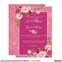 the pink floral birthday party card is shown in front of a glitter background with roses and leaves