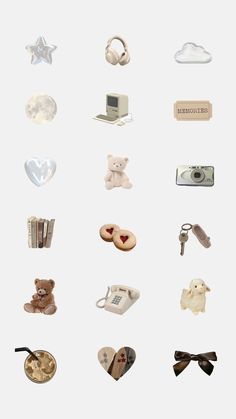 an assortment of items are arranged in the shape of hearts and teddy bears on a white background