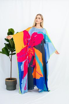 A full length kaftan plus size featured with abstract floral vibrant print  will bring the elegant vibe of forever spring and would be a perfection for holiday occasions or any event you attend. The fabric is blended silk with more than 80% silk so the care is more easier with washing and iron, in addition less wrinkles. It's totally smoothly flowy, soft and gentle touch. FEATURES - Pink, Blue and Vibrant Colors - Abstract floral arts - Personal Custom Made - Full Length Kaftan Half-Sleeves - Designer Silk Kaftan - Plus Size and Custom Length - Resort Wear, Beach Wear, Lounge Wear, Pool Cover Up Kaftan - Boat Neck -------------------------------- DETAIL  * The size can be adjusted to fit up to 5 XL. Bust/ Waist/ Hip up to 53 inches ( 106 inches full circumference)  * Length of the kaftan c Night Gown Silk, Kaftan Wedding Dress, Sleeping Wear, Kaftan Wedding, Silk Caftan, Kaftan Maxi Dress, Silk Kaftan, Color Tones, Dressing Gown