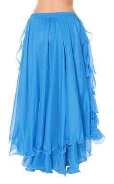 Blue Turquoise 2-Layer Chiffon Belly Dance Skirt with Ruffle Fringe Fitted Organza Skirt With Ruffles, Flowy Tiered Draped Skirt With Ruffles, Blue Flared Chiffon Skirt, Blue Flowy Party Skirt, Flowy Blue Party Skirt, Blue Flowy Skirt For Party, Flowy Chiffon Maxi Skirt With Ruffles, Elegant Blue Ruffled Maxi Skirt, Elegant Blue Maxi Skirt With Ruffles