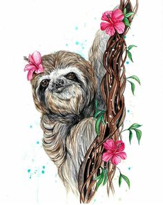 a drawing of a dog with flowers on it's head and hair hanging down