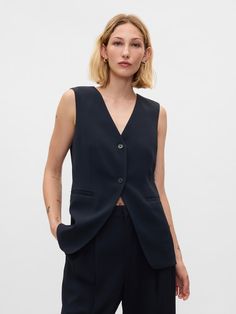 Longline Twill Vest | Gap Vest Suit Women's, Navy Blue Vest, Women Shirt Top, Women's Blouses, Suit Vest, The Gap, Women's Tops, Long A Line, Welt Pockets