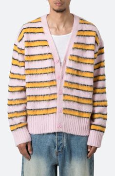 mnml Striped Faux Mohair Cardigan | Nordstrom Exterior Texture, Knitwear Details, Striped Knit Sweater, 140 Lbs, Nylon Pants, Mohair Cardigan, Mohair Sweater, Striped Cardigan, Striped Knit