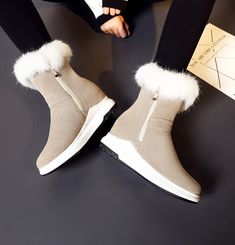 Department Name: Adult Item Type: Boots With Platforms: Yes Upper Material: Flock Heel Height: Low (1cm-3cm) Outsole Material: Rubber Closure Type: ZIP Platform Height: 0-3cm Fashion Element: Fur is_handmade: Yes Shaft Material: Flock Insole Material: Plush Heel Type: Flat with Toe Shape: Round Toe Lining Material: Plush Boot Height: Ankle Pattern Type: Solid Heel Height: 3.5cm Shoe Width: Medium(B,M) Leather Style: Nubuck Leather Suede High Ankle Mid-calf Boots For Winter, Beige Round Toe Winter Booties, Winter High Heel Boots With Faux Fur Lining, High Heel Boots With Faux Fur Lining For Winter, Beige Faux Fur Trim Boots With Round Toe, Beige Boots With Faux Fur Trim And Round Toe, Ankle-high Suede Booties For Winter, High Heel Suede Martin Boots For Winter, Beige Flat Heel Boots For Winter