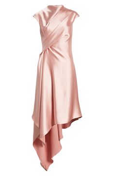 Drape yourself in luxury when you choose this stunning satin cocktail dress designed with a funnel neck, side gathers and an asymmetric hem. 40" to 60" length (size 8) Back zip closure Funnel neck Cap sleeves Partially lined 100% polyester Dry clean Imported Black Owned/Founded Satin Cap Sleeve Dress, Asymmetrical Silk Evening Dress, Elegant Satin Midi Dress With Asymmetrical Hem, Elegant Satin Asymmetrical Midi Dress, Elegant Asymmetrical Satin Dress For Spring, Feminine Asymmetrical Cocktail Dress, Elegant Satin Asymmetrical Dress, Pre-draped Asymmetrical Evening Dress For Dinner, Asymmetrical Pre-draped Evening Dress For Dinner