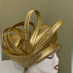 Beautiful Gold, Adorned With Rhinestones. See Pics And Please Take Time To Look At All Of The Hats In My Collection. Phillip Tracy Hats, Gold Lady Dress Form Christmas Tree, Fitted Tall Crown Hat For Party, Elegant Tall Crown Party Hat, Elegant Evening Hats With Rhinestones, Fitted Glamorous Hat For Evening, Glamorous Evening Hat, Glamorous Fitted Evening Hat, Glamorous Fitted Hat For Evening