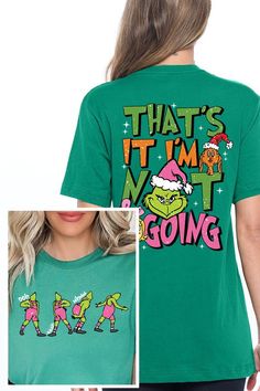 Make a humorous statement this festive season with this 'That's It, I'm Not Going' Grinch Christmas unisex short-sleeved graphic tee. This tee captures the holiday mood for those who prefer to keep things low-key. Featuring the beloved Grinch character in bold colors, this design is perfect for holiday enthusiasts with a side of sass. The high-quality fabric blend ensures a comfortable and stylish fit, suitable for all genders. Crafted with care in Nicaragua, the high-quality graphic tee stays v Funny Holiday T-shirt With Graphic Print, Short Sleeve Graphic T-shirt For Winter, Christmas Graphic Print Short Sleeve Tops, Winter Graphic Print Short Sleeve T-shirt, Winter Graphic Print T-shirt With Short Sleeves, Relaxed Fit Short Sleeve T-shirt For Holiday, Green Christmas Crew Neck T-shirt, Christmas Screen Print Short Sleeve T-shirt, Christmas Graphic Tee With Short Sleeves