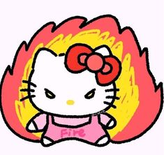 an image of hello kitty with fire in the background