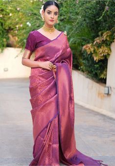 Art Silk Saree in Purple This Drape is Elegantly Woven with Zari in Paisley Motifs and Enhanced with Tassels Available with an Unstitched Art Silk Blouse in Purple Do Note: Blouse, Tassels and Accessories shown in image is for presentation purpose only. Slight variation in actual color vs. image is possible. Irregularities in weaving and contrast color is natural due to hand-done dying process Wedding Sarees Online, Bridesmaid Saree, Purple Saree, Indian Silk Sarees, Utsav Fashion, Banarasi Silk Saree, Wedding Saree Indian, Art Silk Sarees, Zari Work