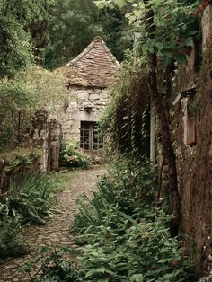 an old stone building surrounded by greenery