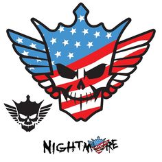 an american flag skull with wings and the word nightmore on it's side